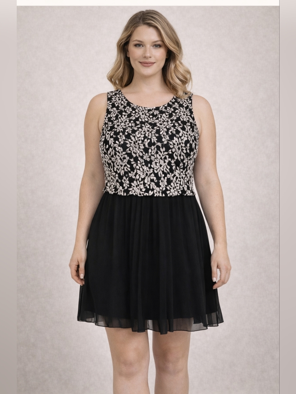 Skater Black White Lace Overlay Dress XL Sleeveless Pleated Chiffon Party Dres